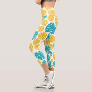 Leggings Capri Feuilles Monstera en Turquoise, Jaune et Blanc