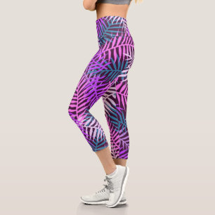 Leggings Capri Feuilles Tropical Palm Motif Purple Turquoise