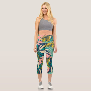 Leggings Capri Feuilles tropicaux colorés : motif d'été.
