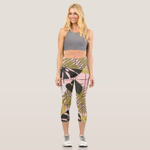 Leggings Capri Feuilles tropicaux, fleurs, motif peint à la main.