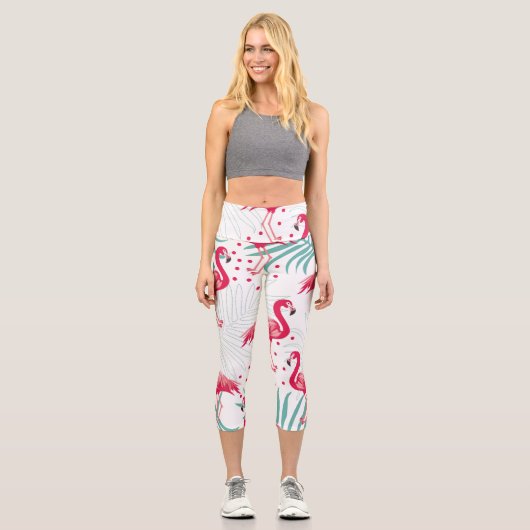 Leggings Capri Flamingo tropical et feuille, motif d'été. (Recto)