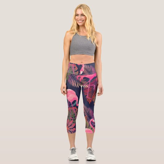 Leggings Capri Flamingo tropical : motif vintage de palmier. (Recto)