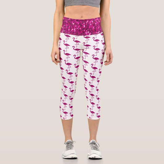 Leggings Capri Flamme rose chaud brillant flamant sur blanc (Recto)