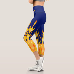 Leggings Capri Flammes de feu orange jaune gras sur fond bleu