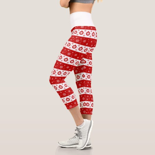 Leggings Capri Flammes de neige et balles de Noël blanc et rouge (Gauche)