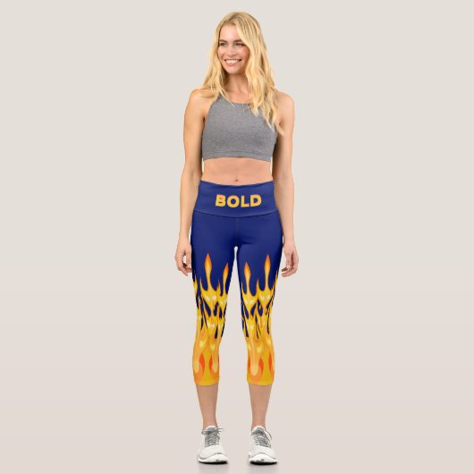 Leggings Capri Flammes jaunes orange en gras sur bleu (Recto)