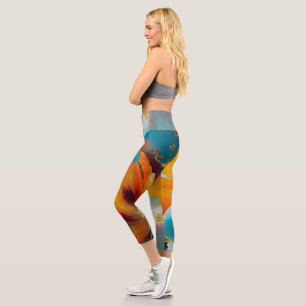 Leggings Capri Fleur abstraite en orange et sarcelle
