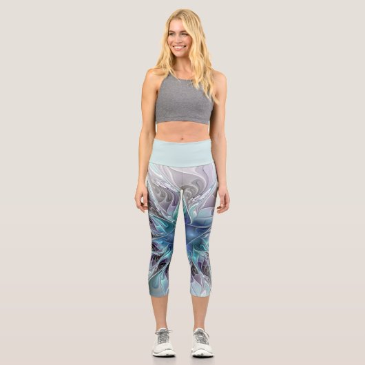 Leggings Capri Fleur Abstraite Fractale Moderne Avec Bleu (Recto)