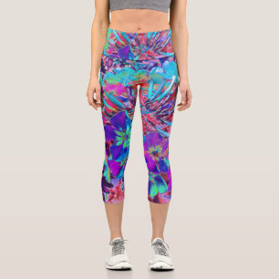 Leggings Capri Fleur abstraite violette et bleue en fleurs