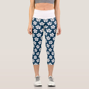 Leggings Capri Fleur blanche sur bleu foncé