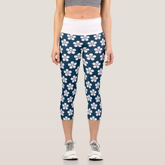 Leggings Capri Fleur blanche sur bleu foncé (Recto)