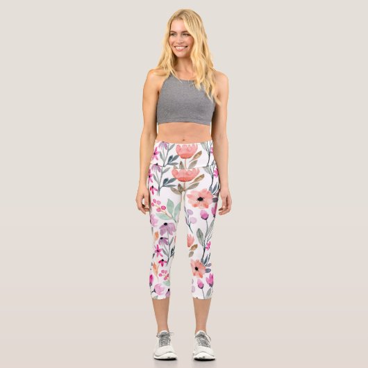 Leggings Capri Fleur d'aquarelle en fleurs douces Motif Pastel (Recto)