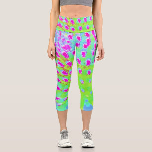 Leggings Capri Fleur de cône Abstrait verte et violette de chaux