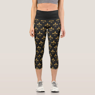 Leggings Capri Fleur-de-lis dorée sur fond noir