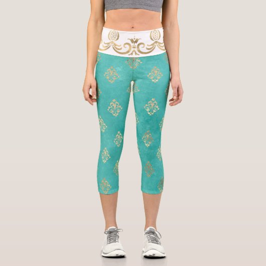 Leggings Capri Fleur de lis motif or turquoise (Recto)