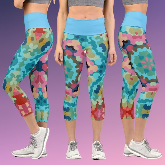 Leggings Capri Fleur de Mandala bleu rose et vert