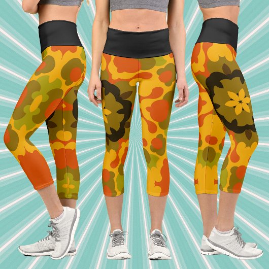 Leggings Capri Fleur de Mandala rétro jaune et orange