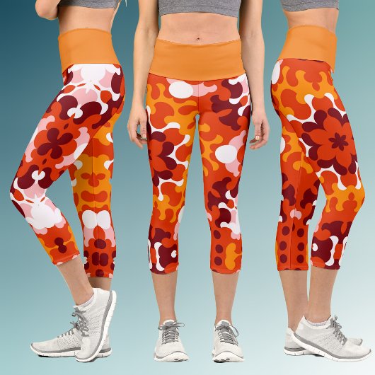 Leggings Capri Fleur de Mandala rétro orange blanc et jaune