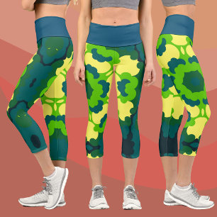 Leggings Capri Fleur de Mandala vert jaune et bleu