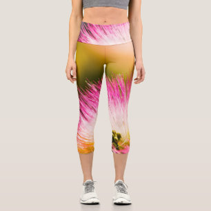 Leggings Capri Fleur de mimosa de soie rose estivale exotique