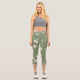 Leggings Capri Fleur de pétale blanche sur arrière - plan vert ol