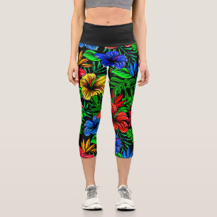 Leggings Capri Fleur d'Hibiscus bleu rouge tropical