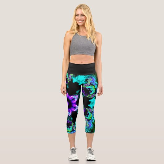 Leggings Capri Fleur d'hippie psychédélique violet Turquoise et n (Recto)