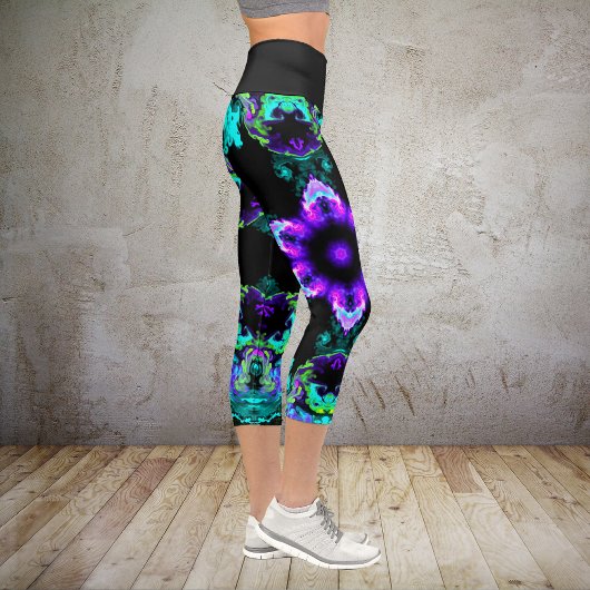 Leggings Capri Fleur d'hippie psychédélique violet Turquoise et n