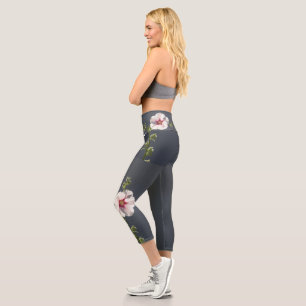 Leggings Capri Fleur rose feuilles vert pâle sur gris foncé