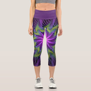 Leggings Capri Fleur verte violette Art fractal abstrait moderne
