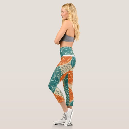 Leggings Capri Fleurs Abstraites Bleu Vert, Orange et Brun (Gauche)