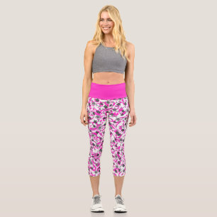 Leggings Capri Fleurs abstraites rose pâle et gris blanc