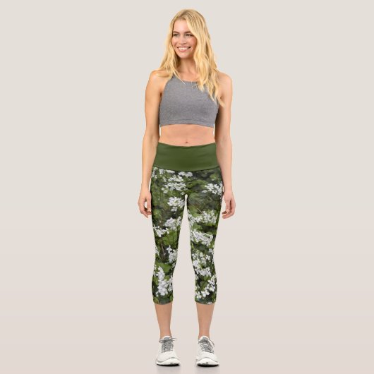 Leggings Capri Fleurs Bittercess blanches et feuillage vert Flora (Recto)