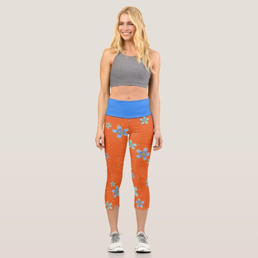Leggings Capri Fleurs bleues sur orange (Recto)