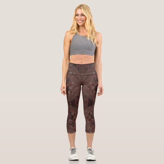 Leggings Capri Fleurs brunes Abstraites avec or (Recto)