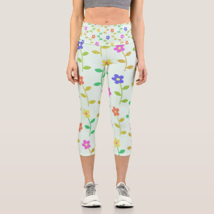 Leggings Capri Fleurs Colorées, Motif Floral, Feuillage, Boho