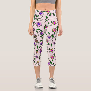 Leggings Capri Fleurs Colorées, Motif Floral, Verdure, Boho