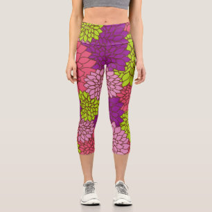 Leggings Capri Fleurs Dahlia, Fleurs Colorées, Motif Floral