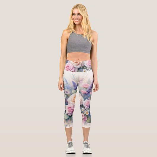 Leggings Capri Fleurs d'aquarelle aux couleurs pastel douces (Recto)