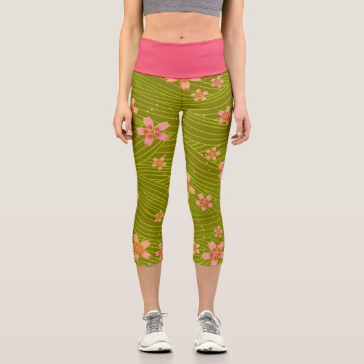 Leggings Capri Fleurs de cerisier sur fond vert (Recto)