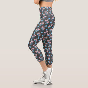 Leggings Capri Fleurs de drapeau bleu et rose subtil