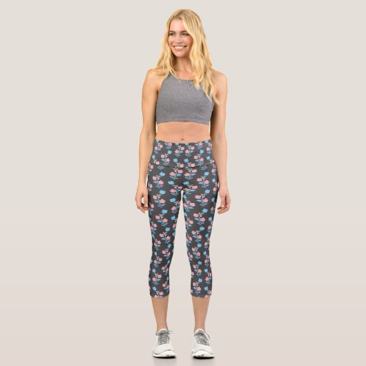 Leggings Capri Fleurs de drapeau bleu et rose subtil (Recto)