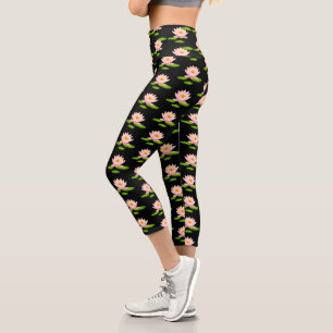 Leggings Capri Fleurs de lotus roses et nénuphars sur fond noir