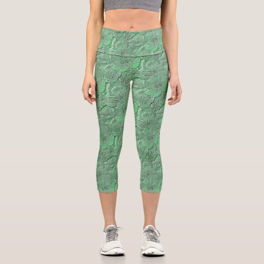 Leggings Capri Fleurs de marguerite verte Motif d'art naturel (Recto)