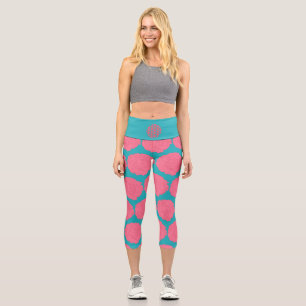 Leggings Capri Fleurs de pivoine roses sur fond romantique bleu