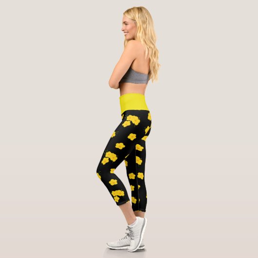 Leggings Capri Fleurs d'Hibiscus Tropical Jaune Noir Floral (Gauche)
