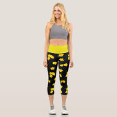 Leggings Capri Fleurs d'Hibiscus Tropical Jaune Noir Floral (Recto)