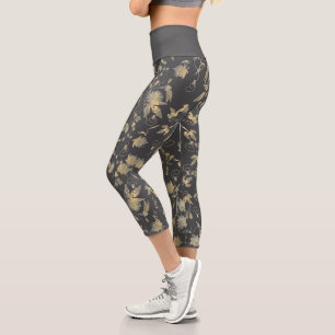 Leggings Capri Fleurs d'or élégantes sur gris foncé