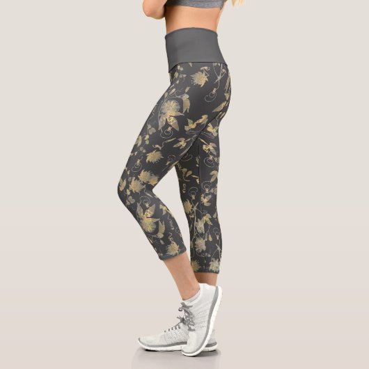 Leggings Capri Fleurs d'or élégantes sur gris foncé (Gauche)