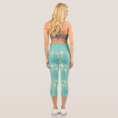 Leggings Capri Fleurs d'or en cascade sur turquoise (Verso)